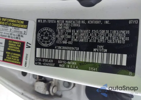 2013 Toyota Venza Base V6 из США, поврежденный, VIN 4T3BK3BB6DU094759